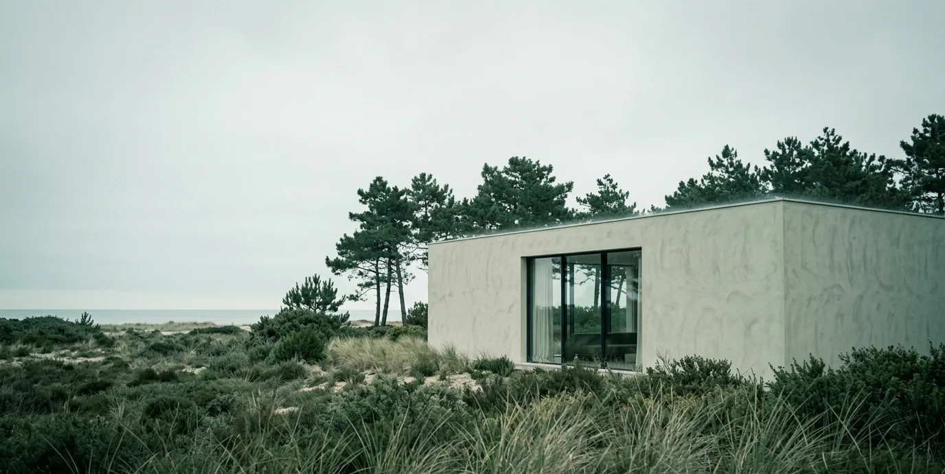 La maison vue depuis les dunes, sous un ciel couvert
