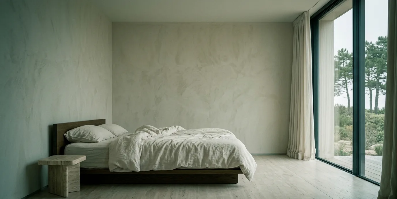 Une chambre de la maison, ouverte sur les pins et les dunes