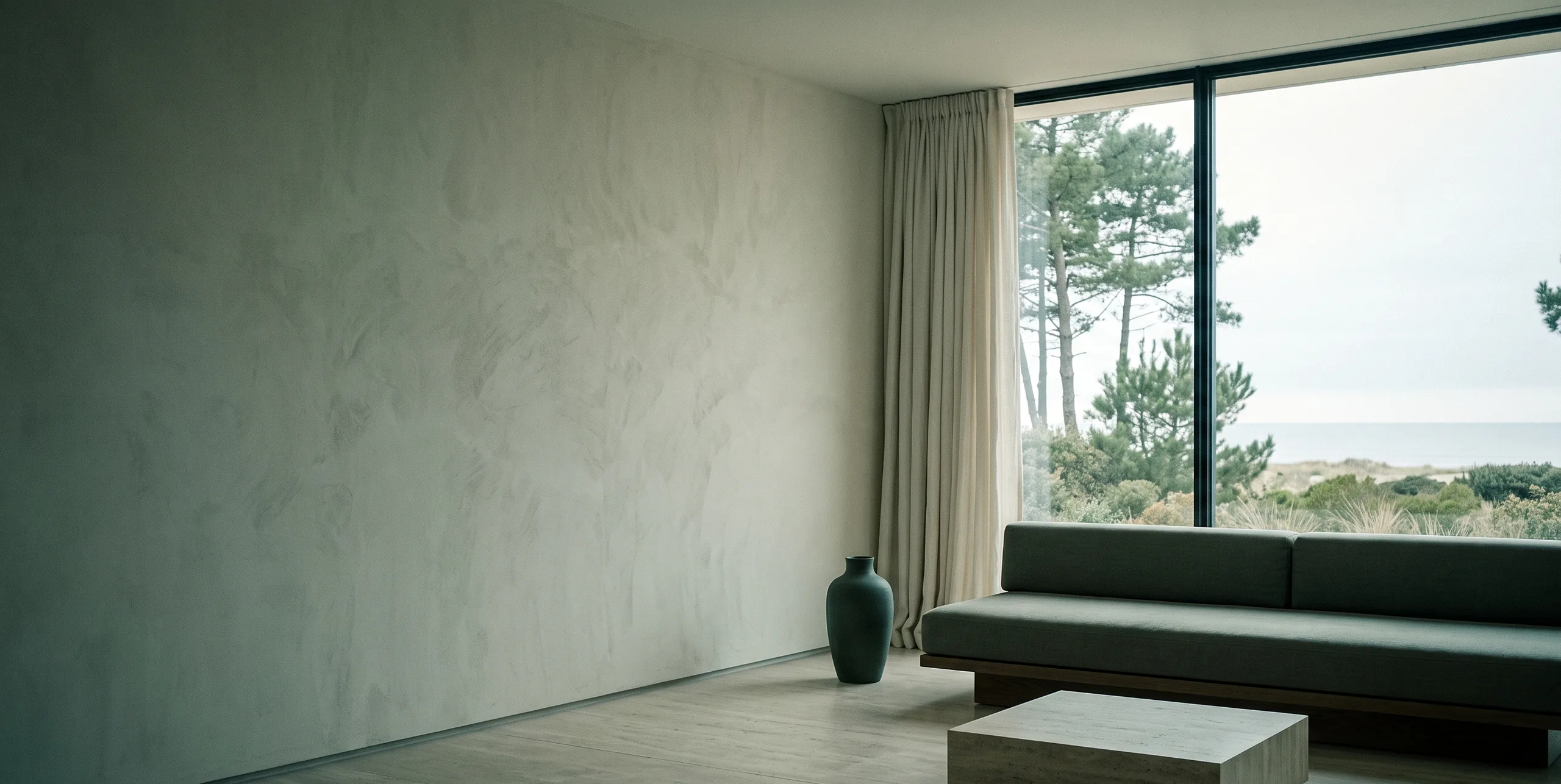 Le salon d'une maison de location saisonnière, ouvert sur les pins et l'océan