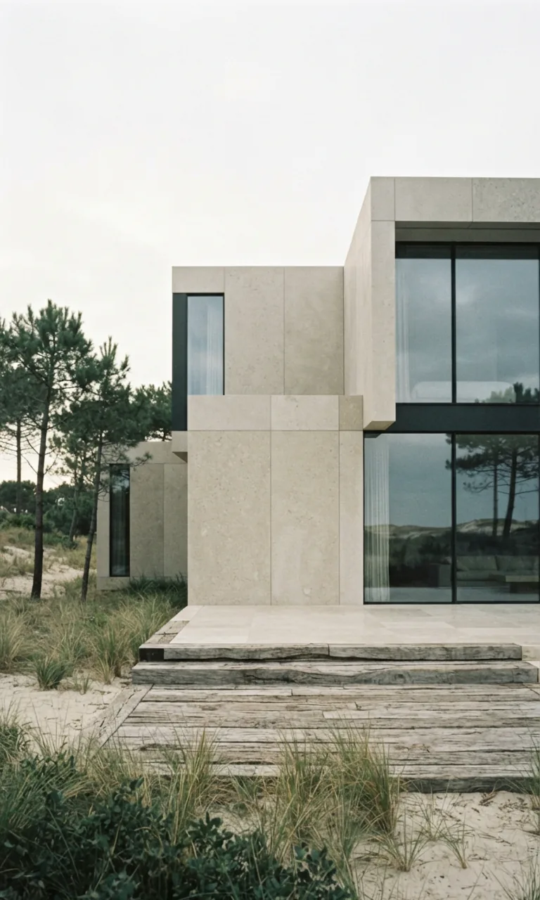 Une maison contemporaine en pierre claire, posée dans les dunes entre les pins
