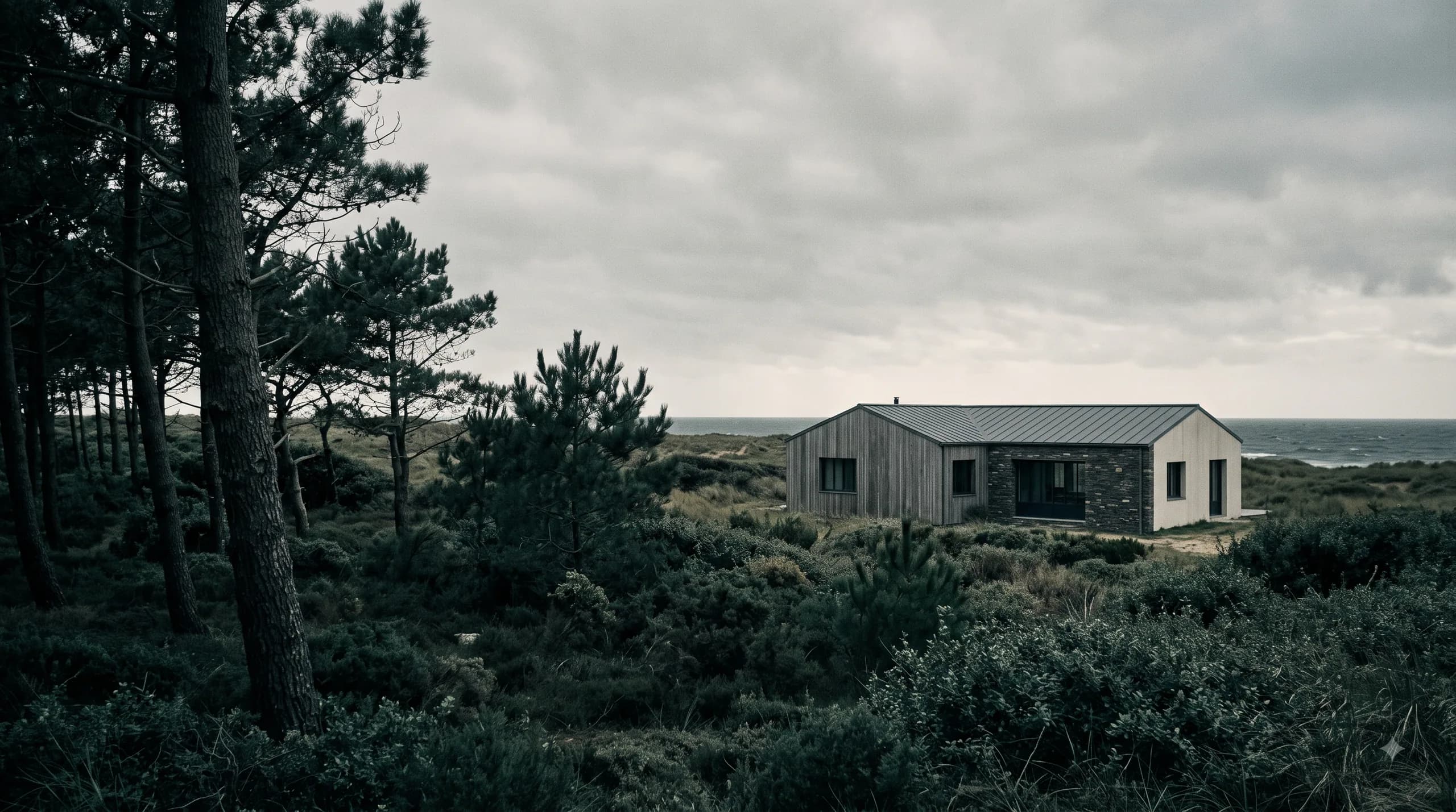 Une maison basse en bois et pierre, posée dans les pins d'une dune, l'océan derrière elle sous un ciel couvert